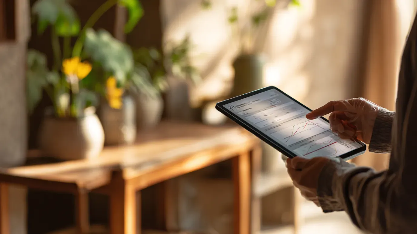 Person holding a tablet, touching the screen. Blurry background: table with plants in vases.