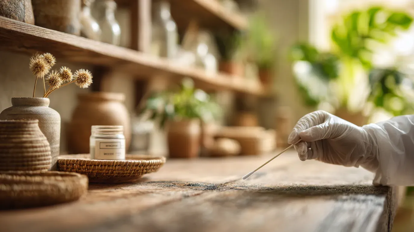 Person in gloves examining a wooden surface with a small tool in a well-lit kitchen setting.