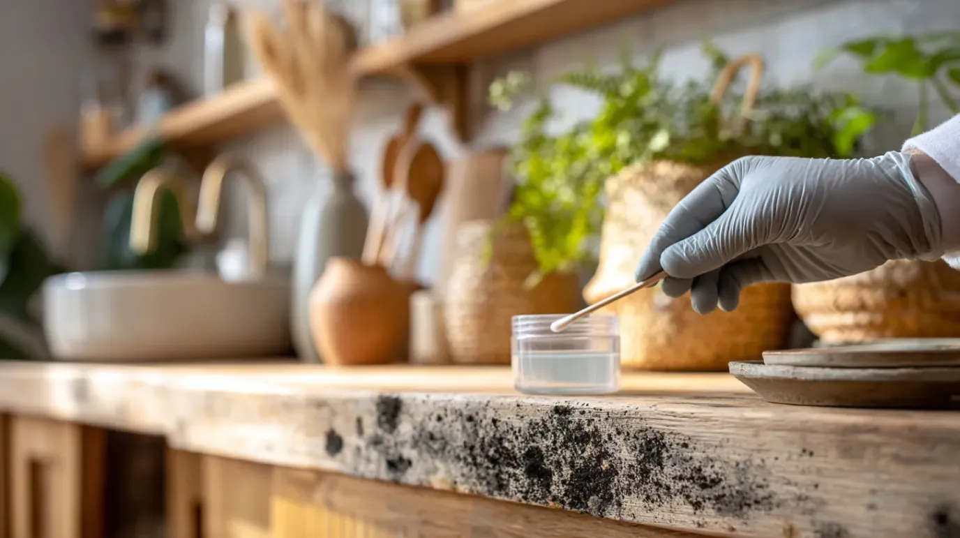 Person in gloves sampling mold on a wooden countertop in a kitchen with plants and shelves.