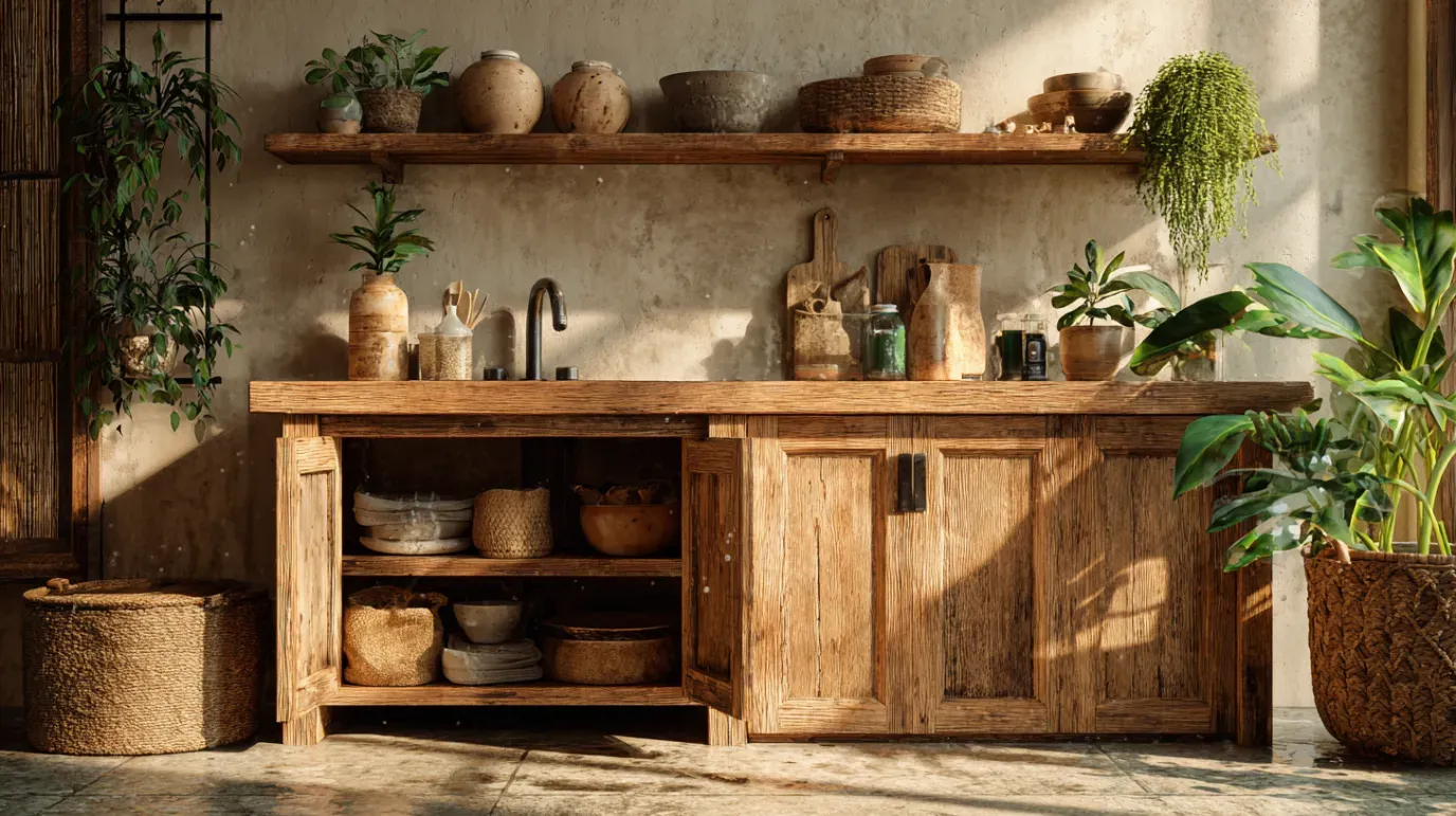 Rustic outdoor kitchen with wooden cabinets, shelves, and plants.