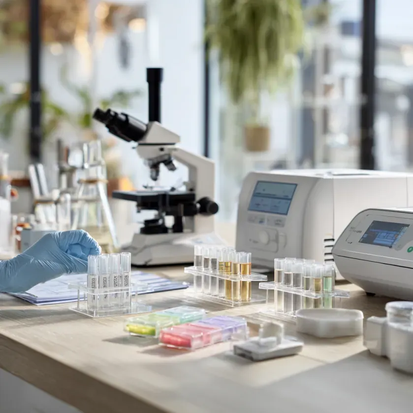 Laboratory scene: a person in gloves works with test tubes, microscope, scientific equipment.