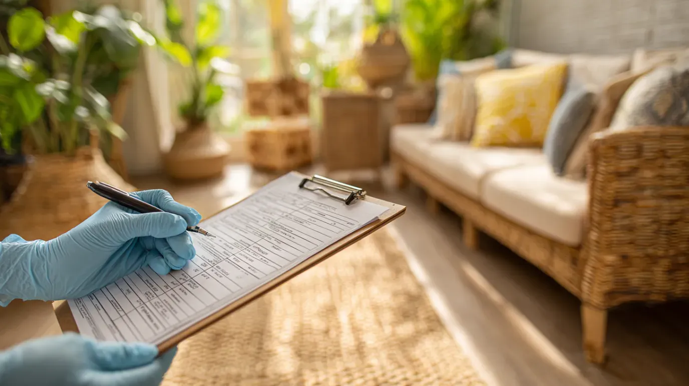 Person wearing gloves writing on clipboard in sunlit living room.