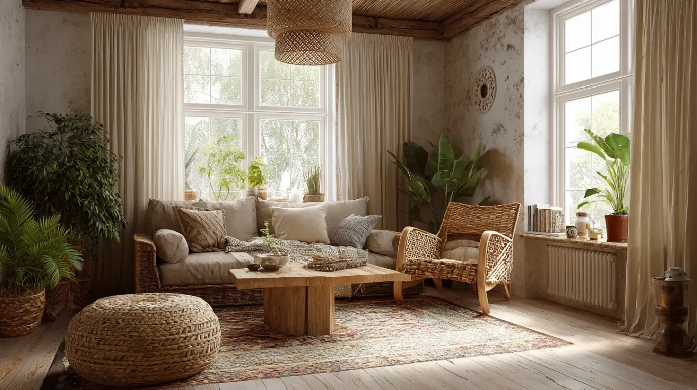 Cozy living room: sofa, rattan chair, jute ottoman, plants, large windows, and wooden coffee table.