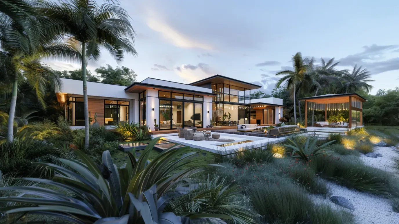 Modern beachfront home with glass walls, patio, palm trees, and lush landscaping.