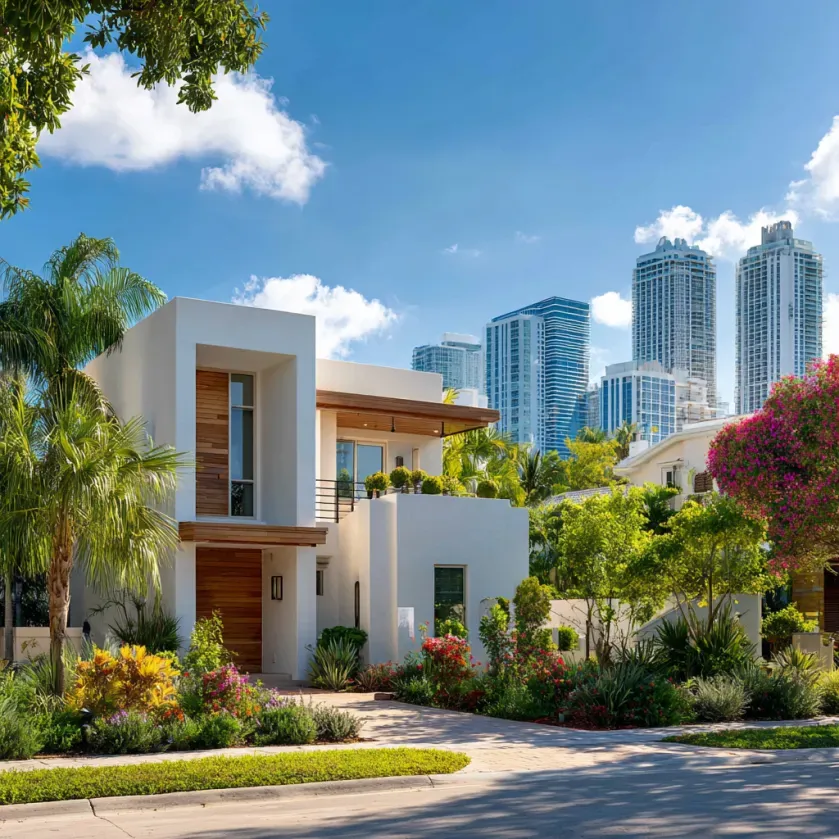 Modern white house with wooden door, surrounded by lush landscaping. City skyline in the background.