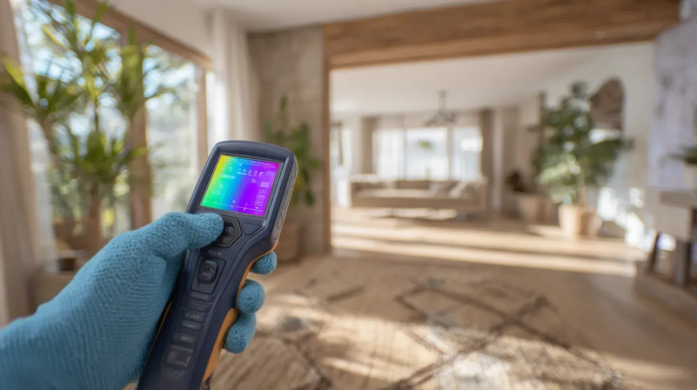 Hand holding thermal camera inside a bright, sunny home. Bright color spectrum on the camera display.