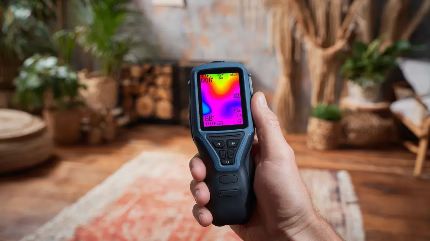 Hand holding a thermal imaging camera, displaying a colorful heat map in a room with plants and wood.