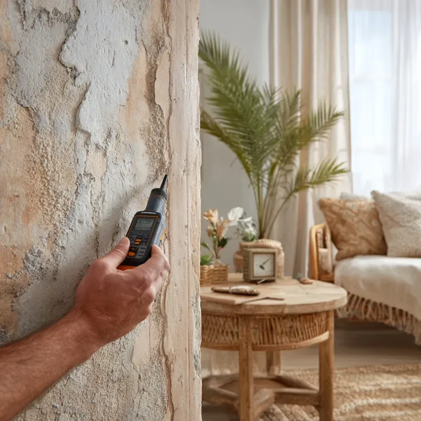 Person testing a textured wall with a moisture meter in a living room setting.