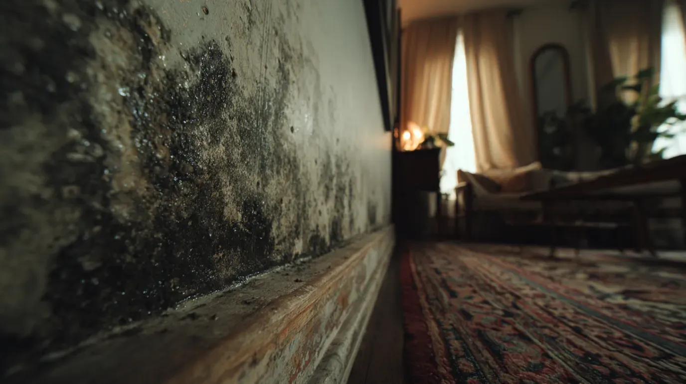 Mold growing on a wall inside a dimly lit room with a rug and furniture.