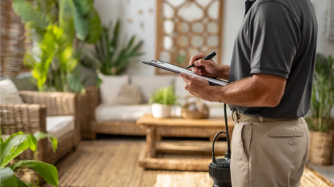 Man in grey shirt and khakis, writing on clipboard, in a sunroom with plants and wicker furniture.