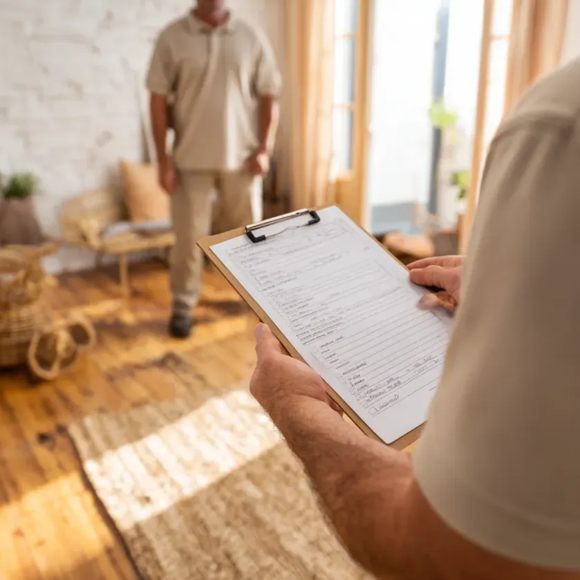 Person with clipboard inspecting a room; another person stands in the background. Bright room, hardwood floors, rug.