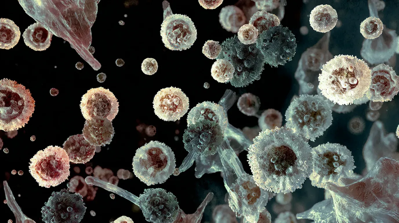 A close-up, high-resolution image of mold spores as seen under a microscope. 
