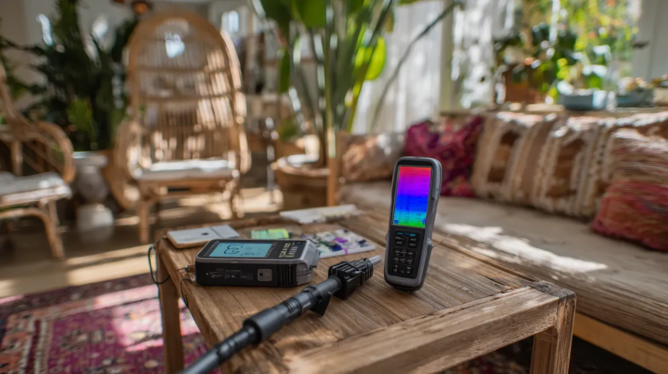 Devices with colorful displays on a wooden table in a bright living room with bohemian decor.