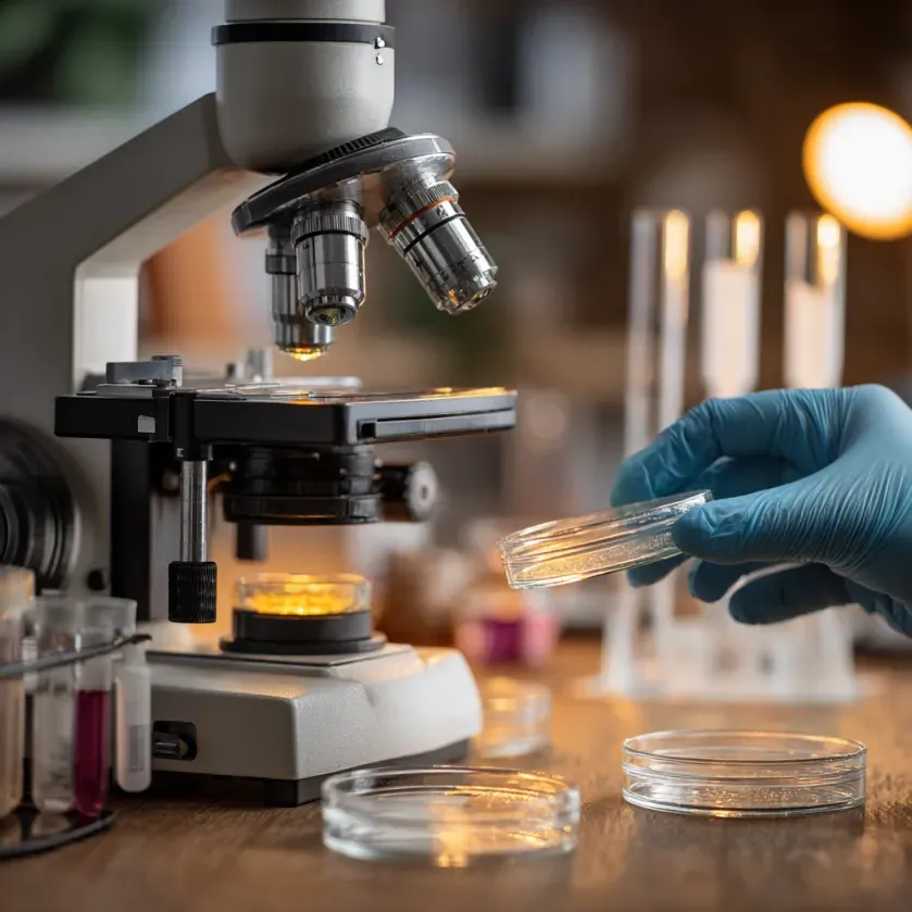Microscope with a petri dish being handled by a gloved hand in a lab setting.