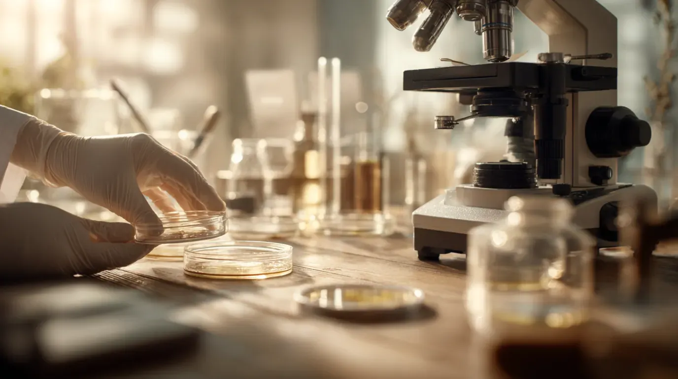 A gloved hand examines petri dishes in a lab, near a microscope and beakers.