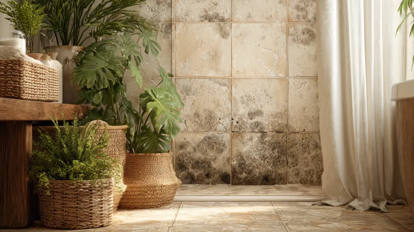 Bathroom with mold on tiles, plants in baskets, and a curtain.