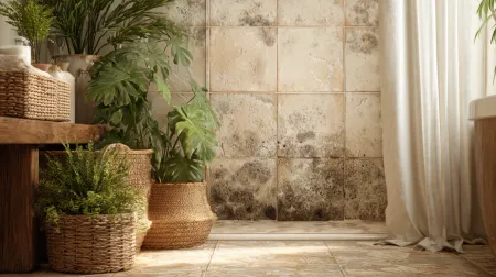Bathroom with plants, baskets, and moldy tile wall.