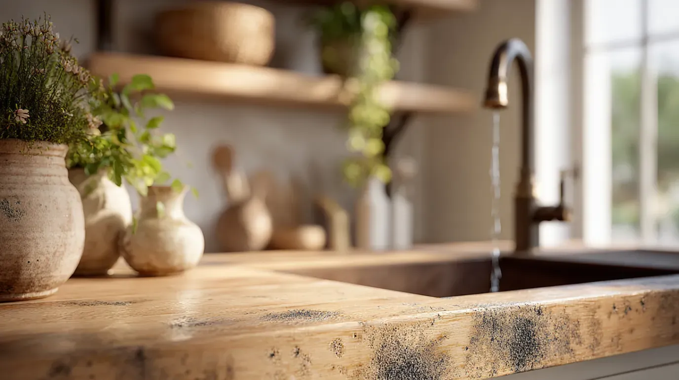 Kitchen sink with water running, rustic wooden countertop, and decorative vases.