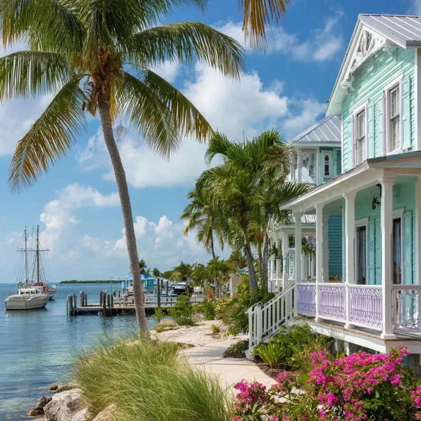 Coastal homes in turquoise and white, palm trees, boats on the water, sunny day.