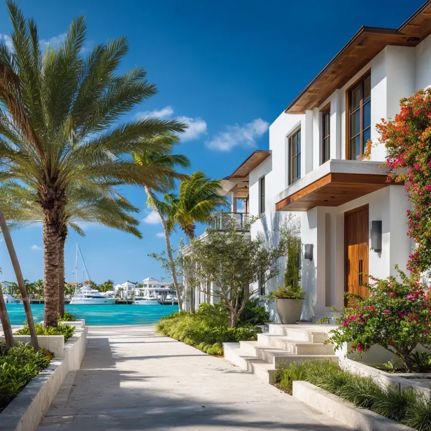 White modern beach house with palm trees, steps, and ocean view on a sunny day.