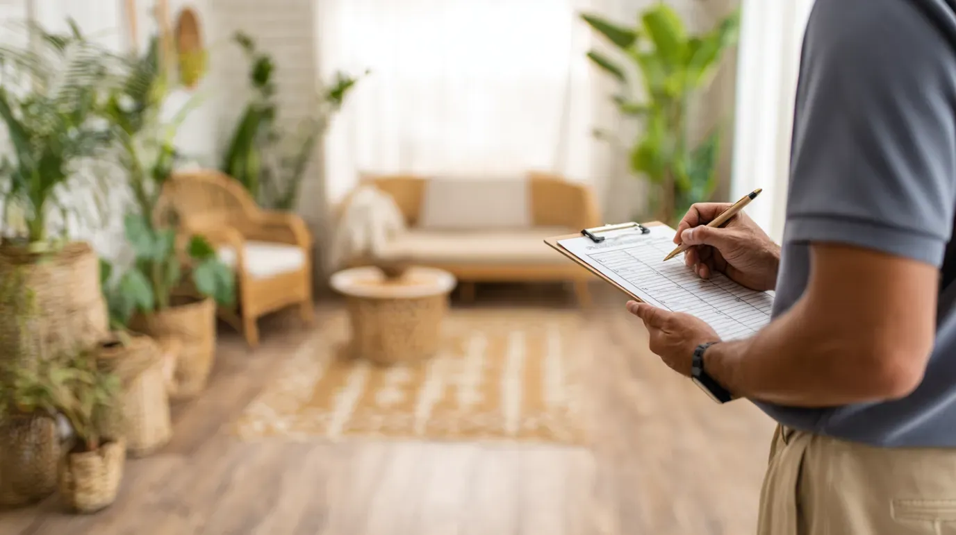 Person taking notes on a clipboard in a bright living room with plants and wicker furniture.