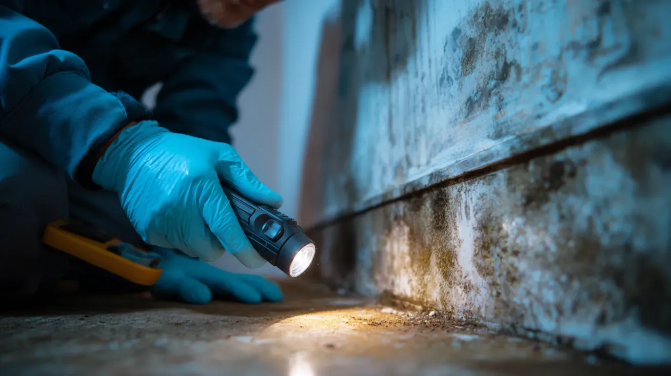 Person in gloves inspecting mold with a flashlight in a damp area.