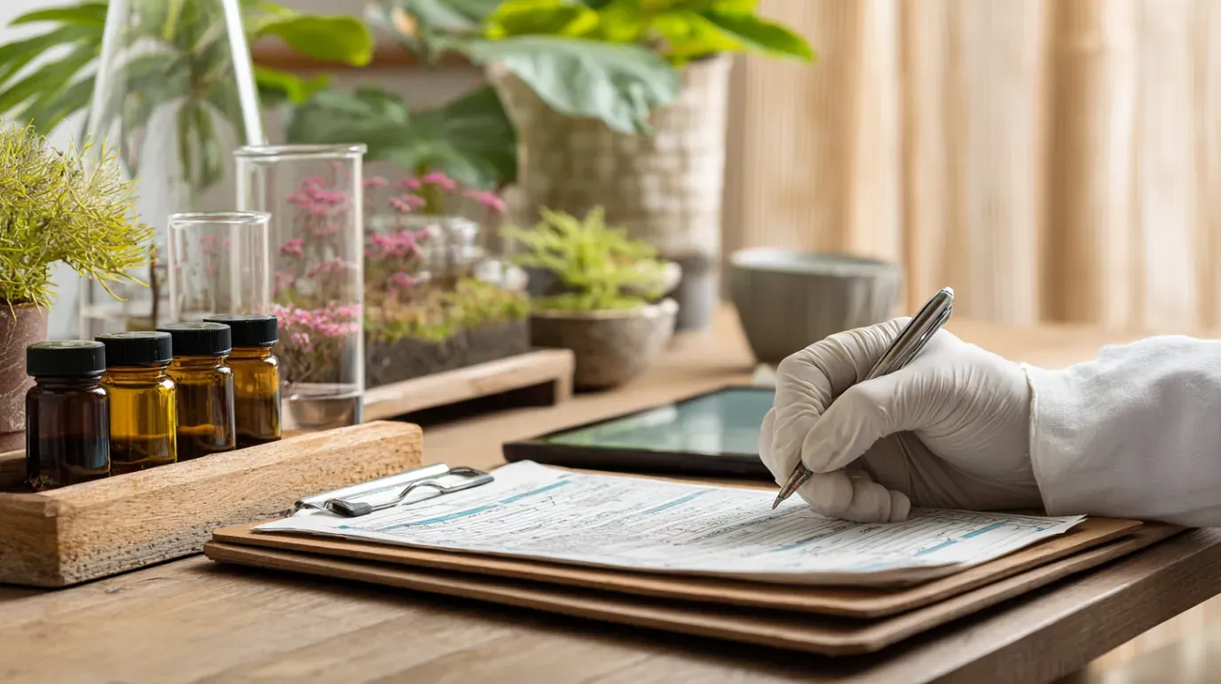 Person wearing gloves writing on clipboard with plants and bottles on a wooden table.