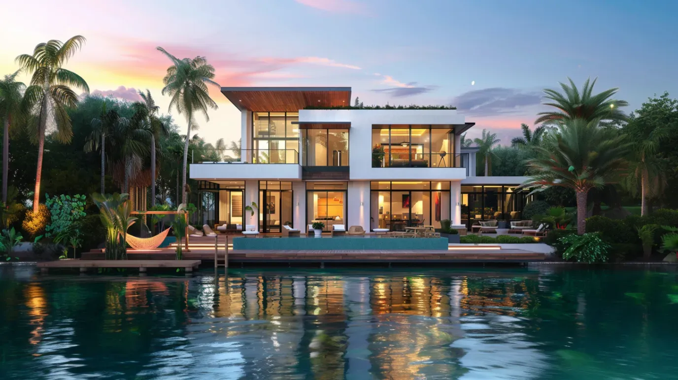 Modern waterfront house with pool and palm trees at dusk.