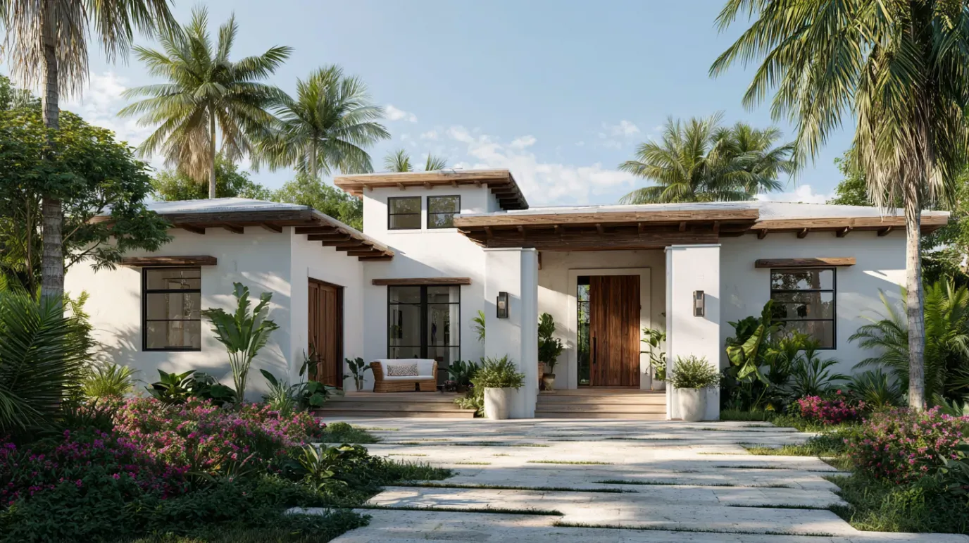 White stucco house with wooden accents, surrounded by lush tropical plants.