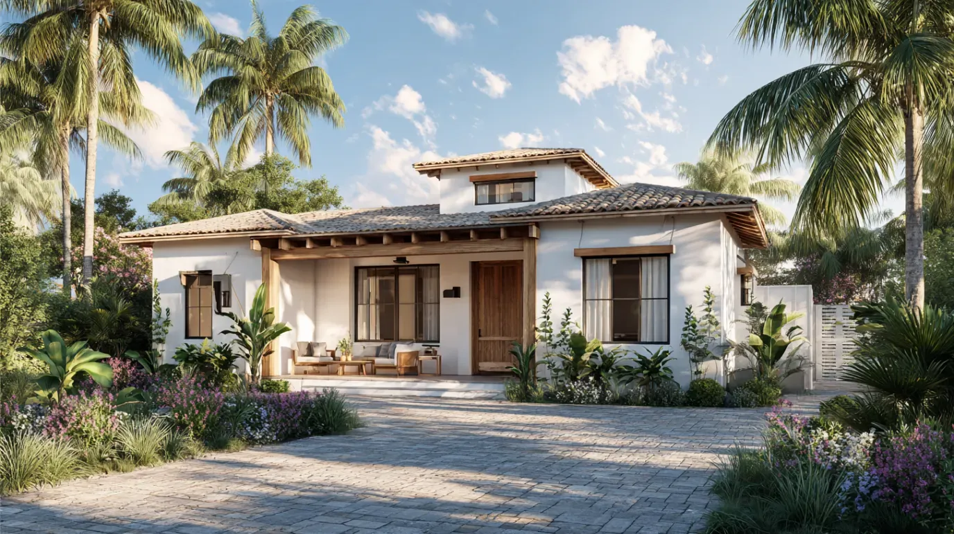 Tropical home with white stucco, brown wood accents, and palm trees.