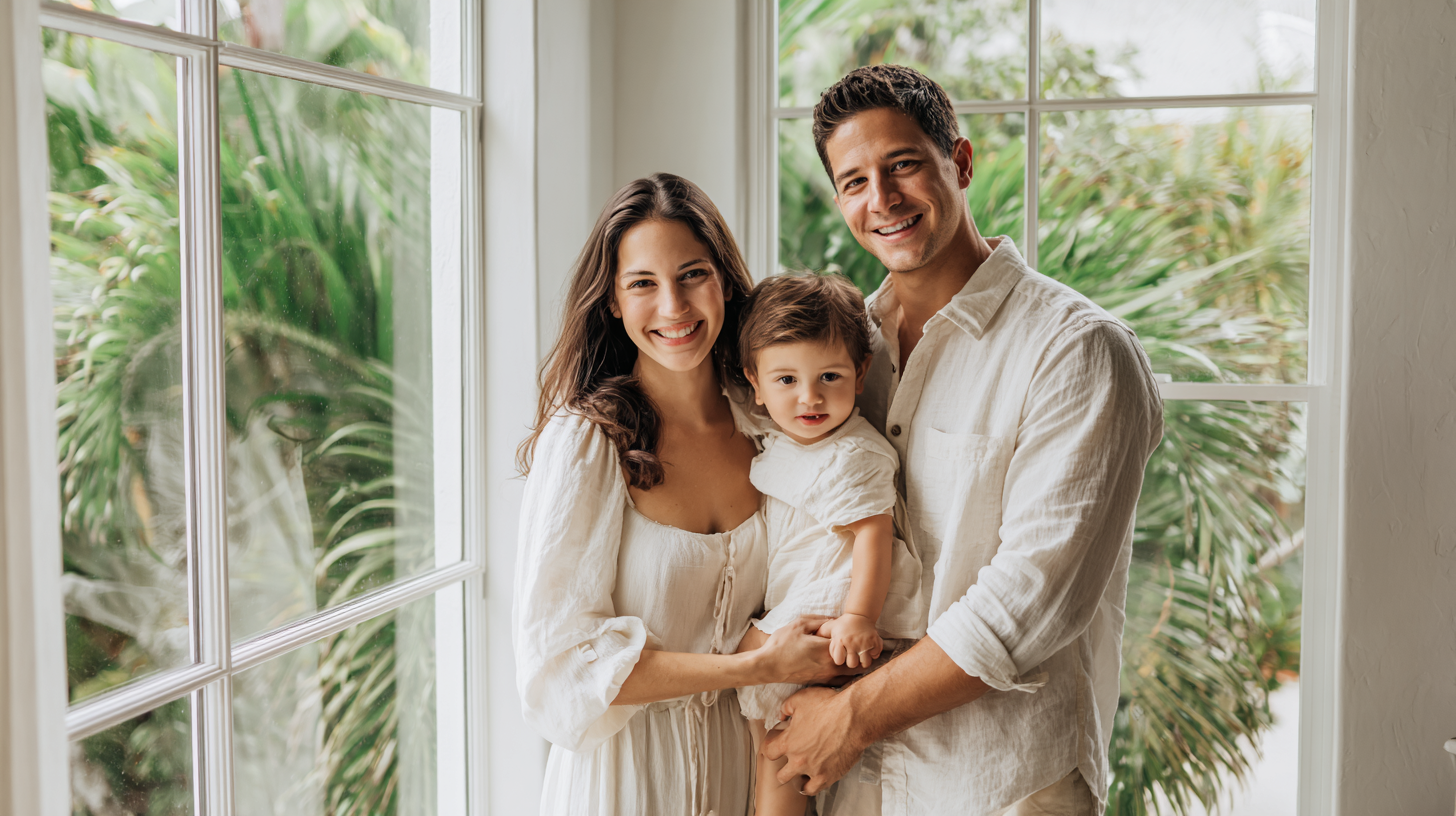 Family of three, smiling, posing by a window with foliage in the background. All wearing white.