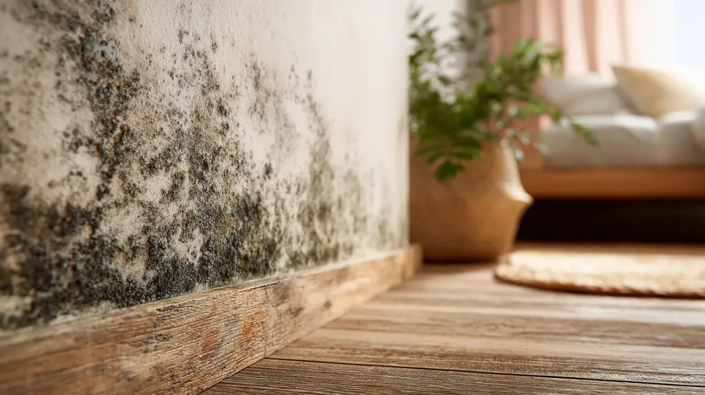 Mold growth on interior wall, wooden floor.