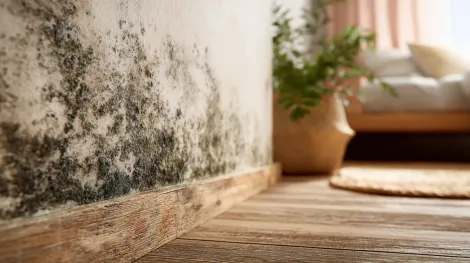 Mold growing on a wall and baseboard in a room with a plant and bed.