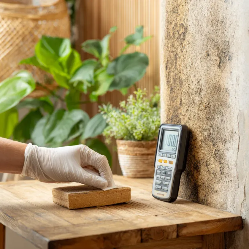 A person in gloves tests a moldy wall with a meter on a wooden shelf, near plants.