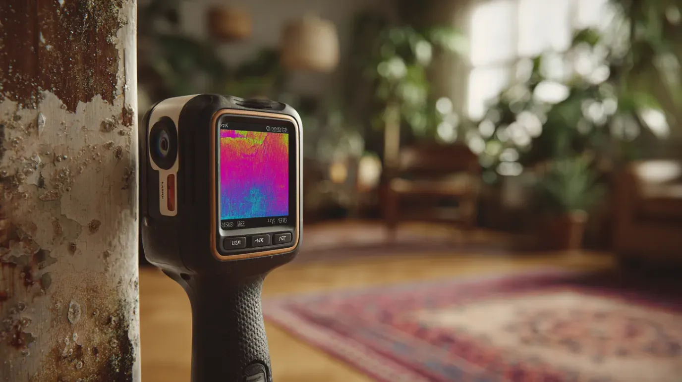 Thermal camera pointed at a rusty pole, displaying heat map. Interior room with plants, rug, and furniture in the background.