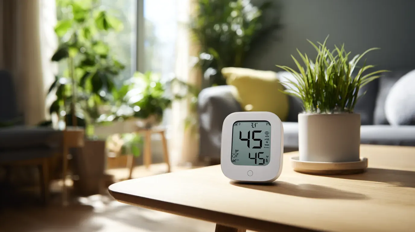 A digital thermometer and hygrometer sits on a wooden table inside a clean, modern living room.