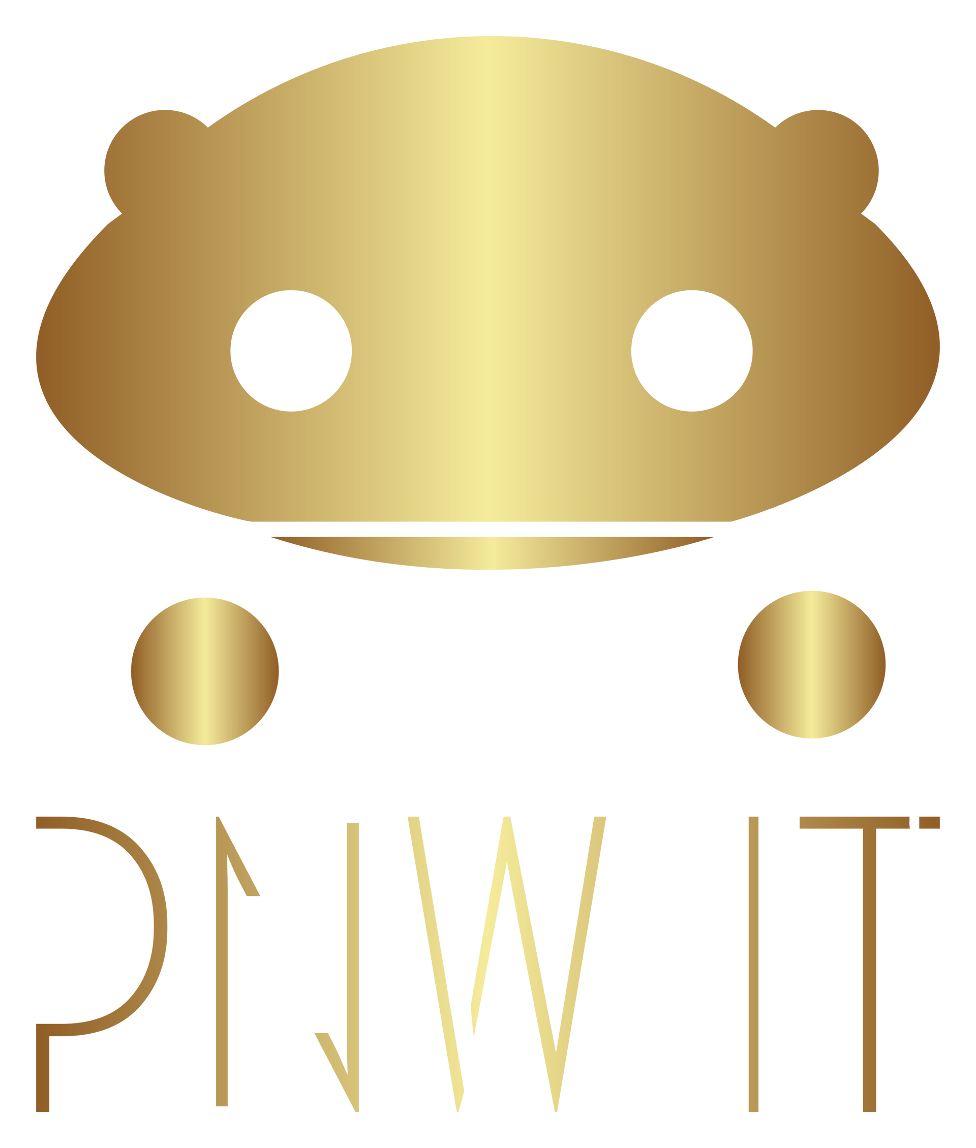 Gold logo of a cartoonish character with two eyes and small arms above 
