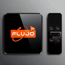 Flujo TV logo on a black streaming device next to a matching black remote control