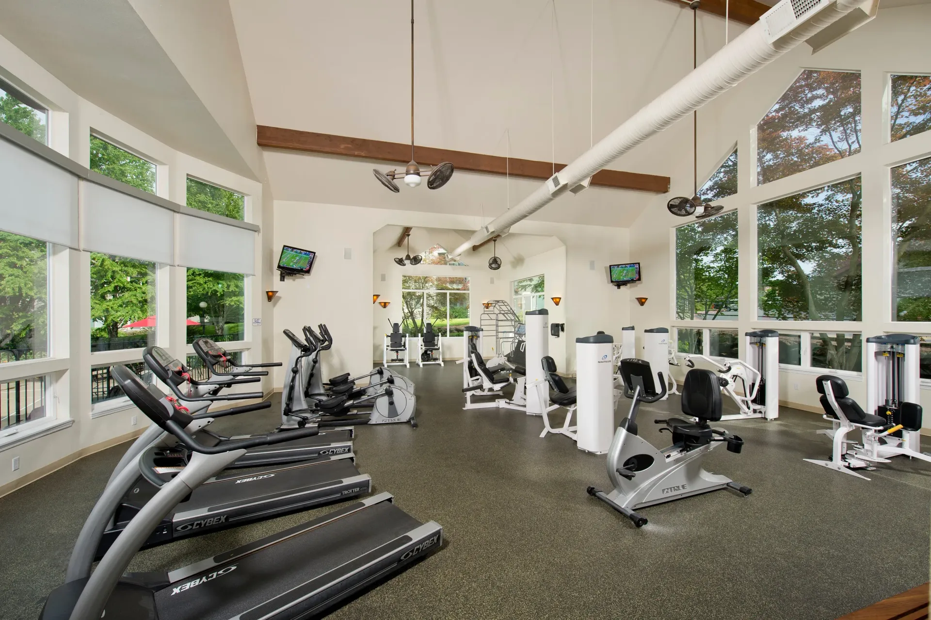 Bright fitness center with cardio machines and weight equipment, large windows.