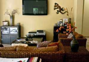 A living room with a couch and a television on the wall