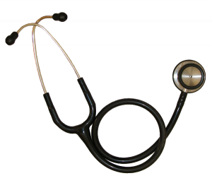 A black and gold stethoscope on a white background