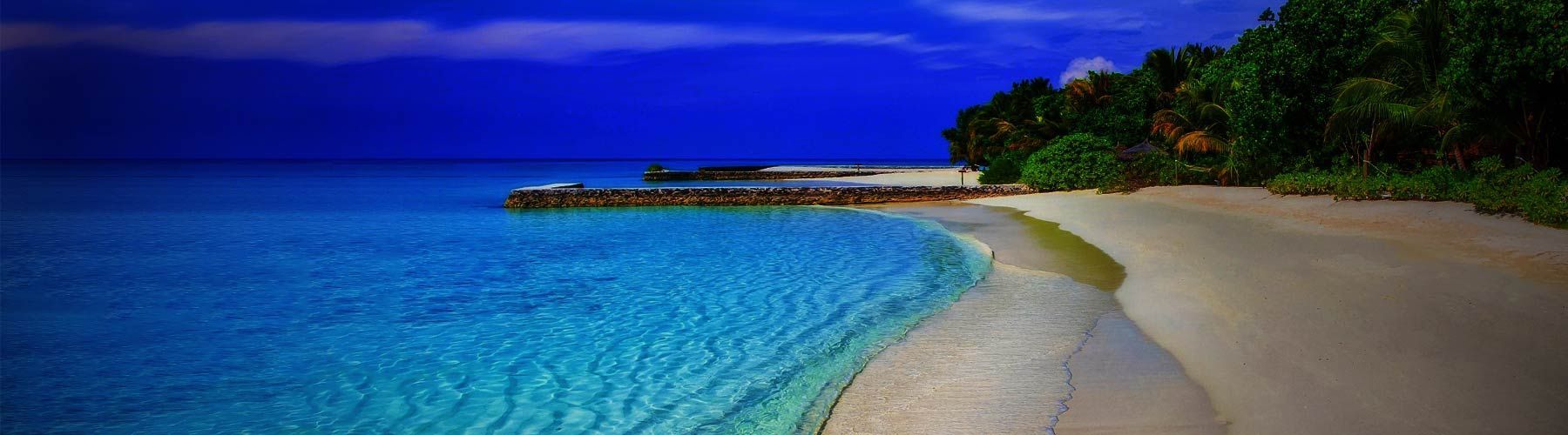 A tropical beach with a pier in the distance and trees on the shore.