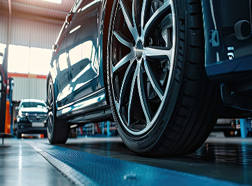 Close-up of a car wheel in a garage. Black tire, silver rim, blue floor, and another car visible in the background. | Zee's Alignment & Autocare