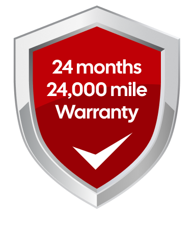 Red and silver shield with text 