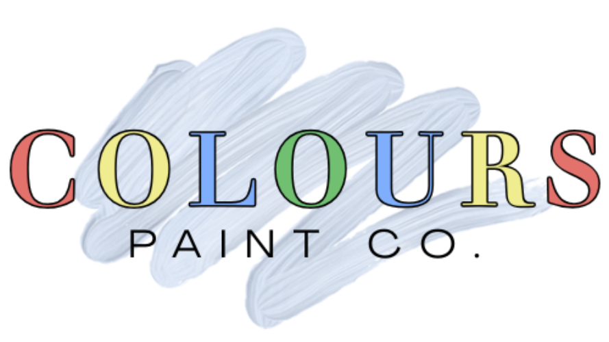 Logo for Colours Paint Co. with paint splash in red, purple, and blue, and a paintbrush.