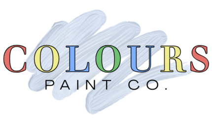 Logo for Colours Paint Co. with paint splash in red, purple, and blue, and a paintbrush.