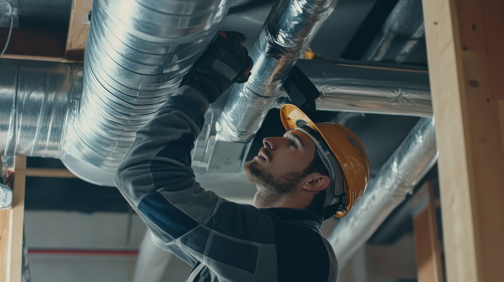 A man in a hard hat is working on an air duct in a building.