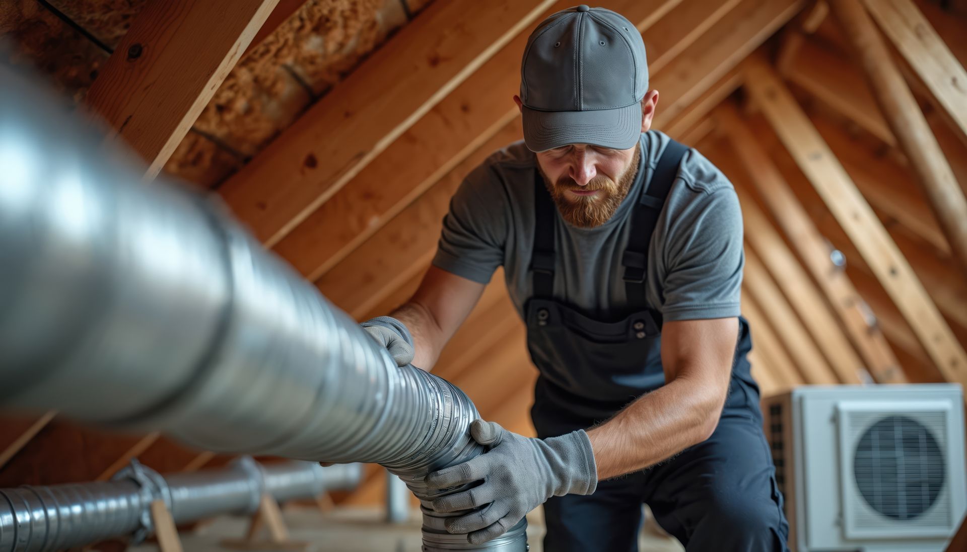 A man is working on an air duct in the attic of a house.