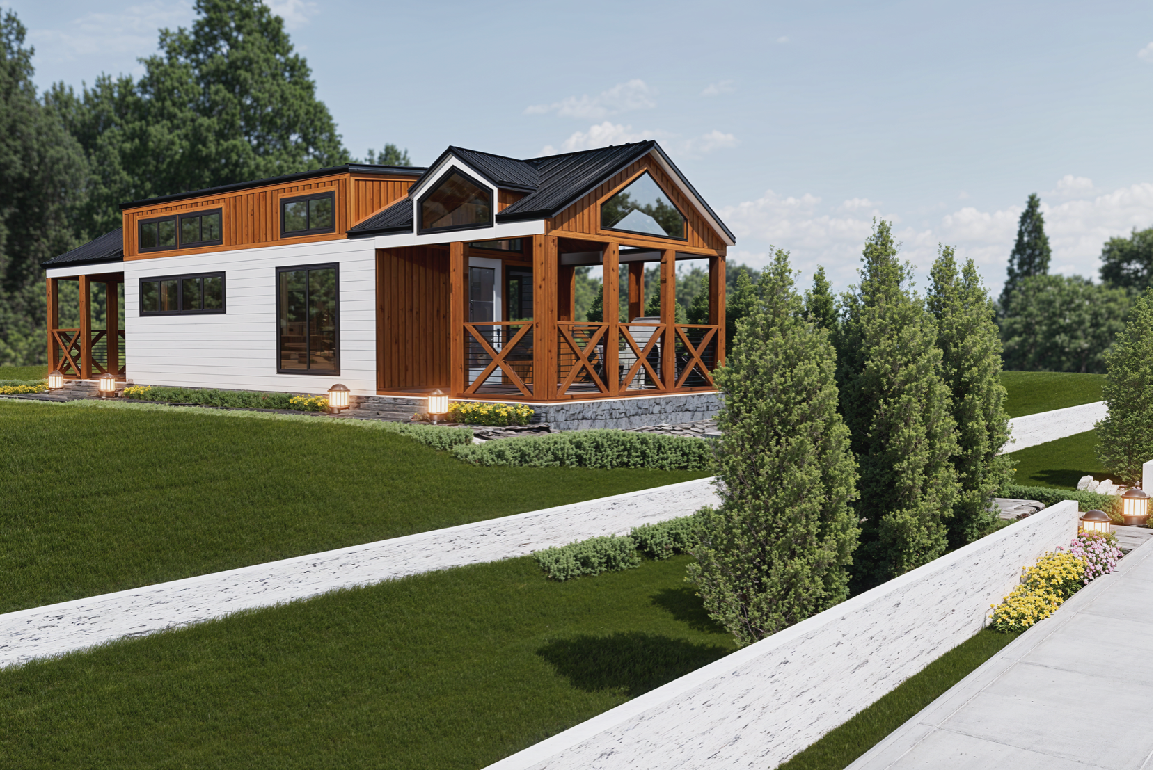 An artist 's impression of a house with a walkway leading to it
