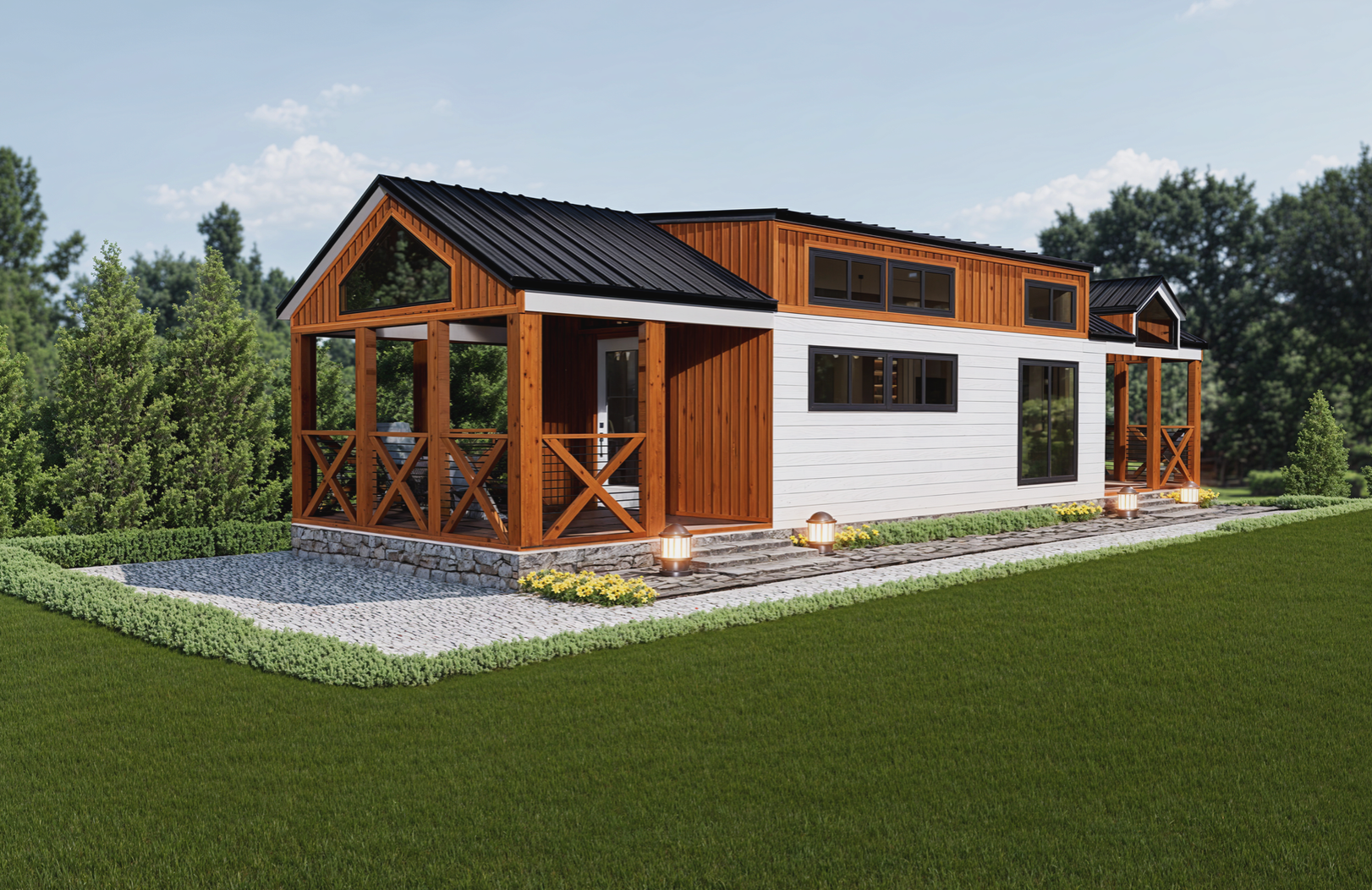 A 3d rendering of a house with a porch and a pool in the backyard.